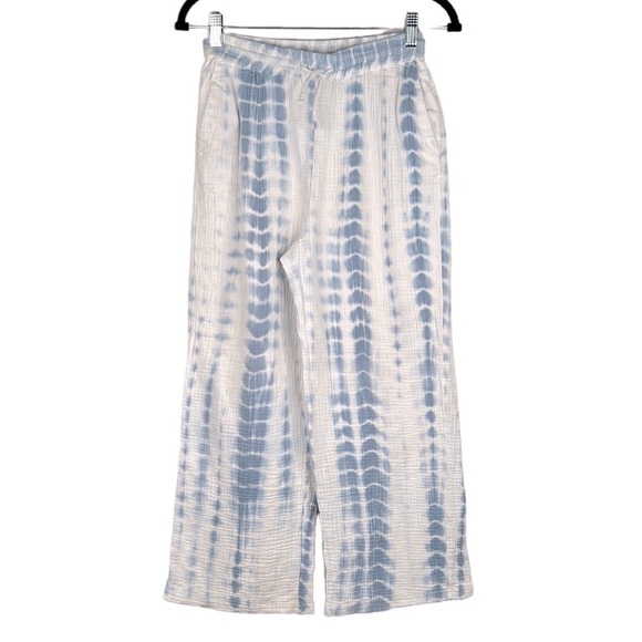 CHARLIE B Pants - Charlie B Tie Dye Blue & White Wide Leg Drawstring Waist Raw Hem Lounge Pants XS